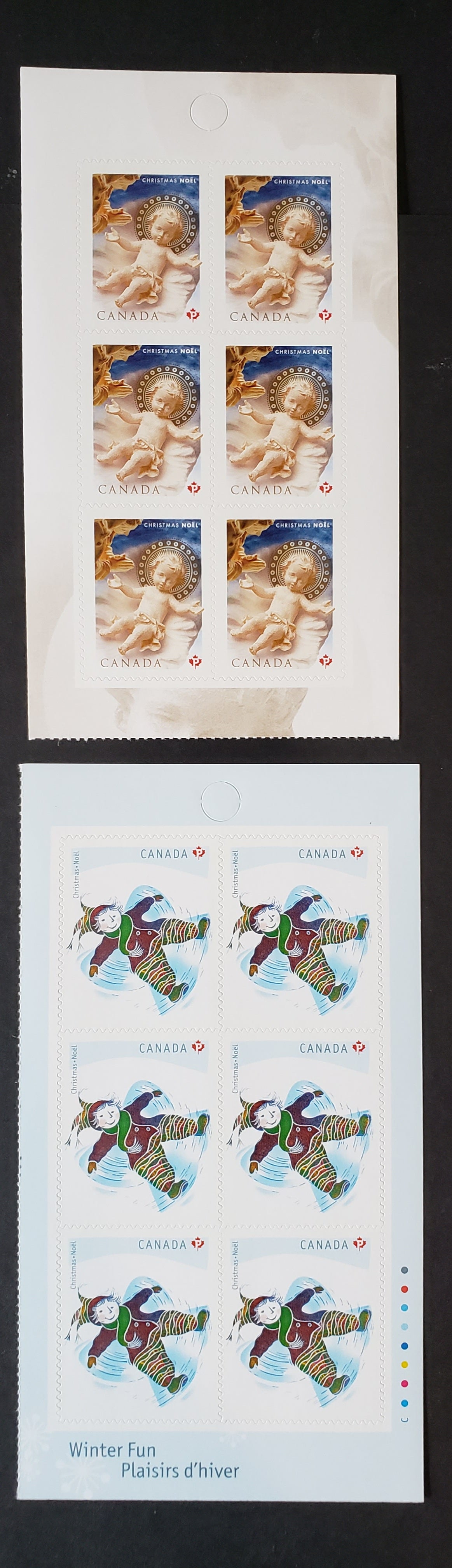 Canada #2292a, 2293a P(52s) Multicolored Snow Angel & Nativity, 2008 Christmas Issue, 2 VFNH Booklet Panes Of 6