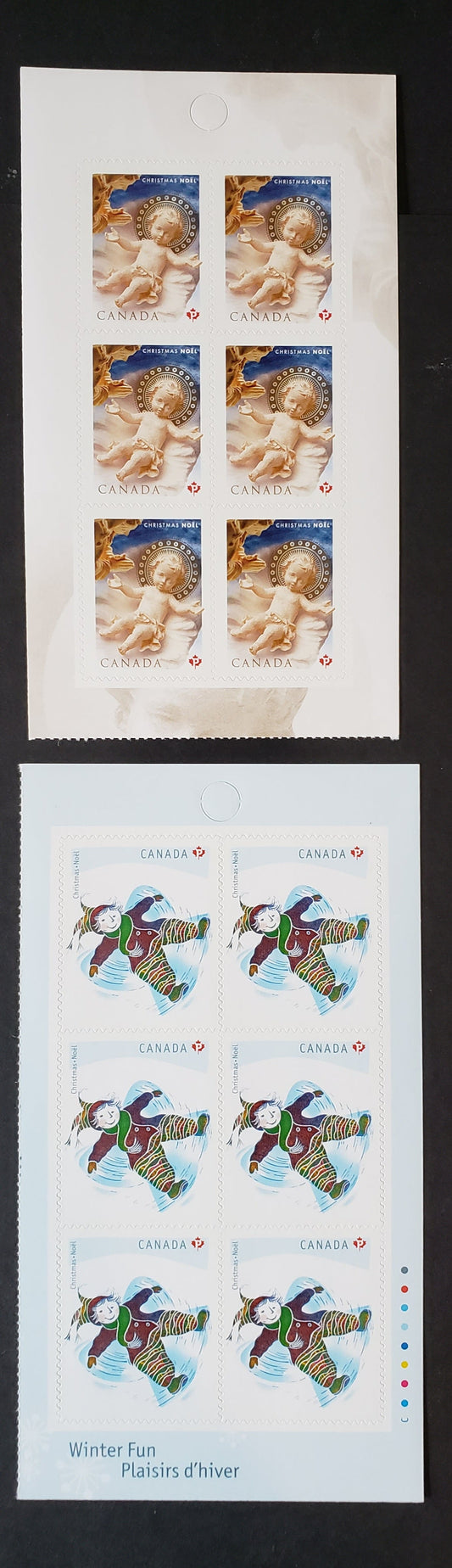 Canada #2292a, 2293a P(52s) Multicolored Snow Angel & Nativity, 2008 Christmas Issue, 2 VFNH Booklet Panes Of 6