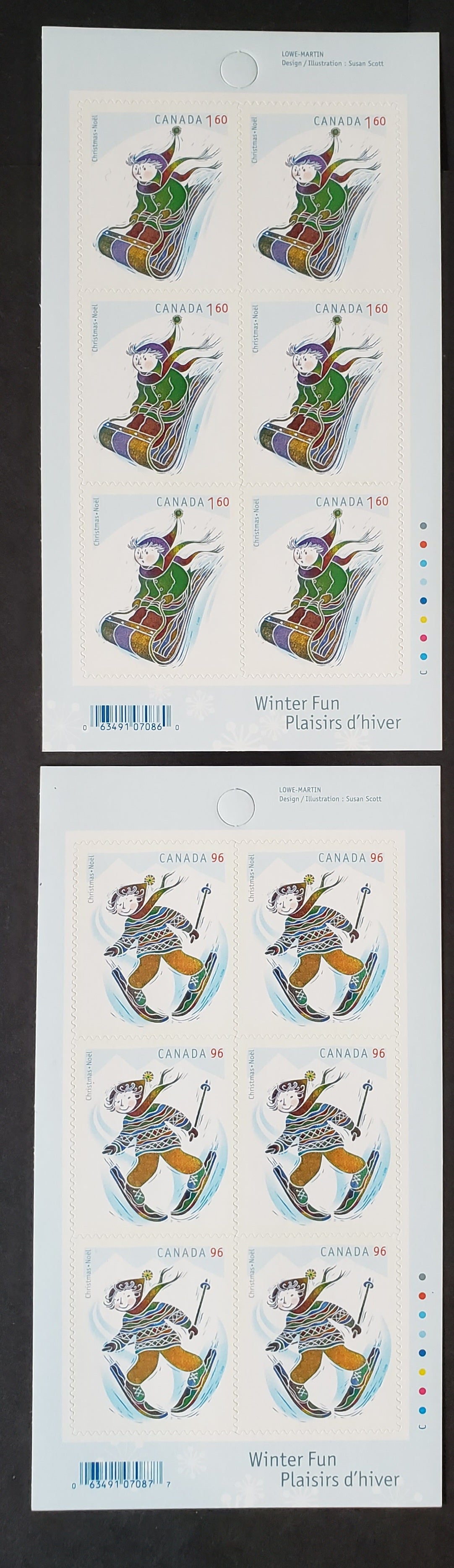 Canada #2294a, 2295a 95c-$1.60 Multicolored Skiing & Tobogganing, 2008 Christmas Issue, 2 VFNH Booklet Panes Of 6
