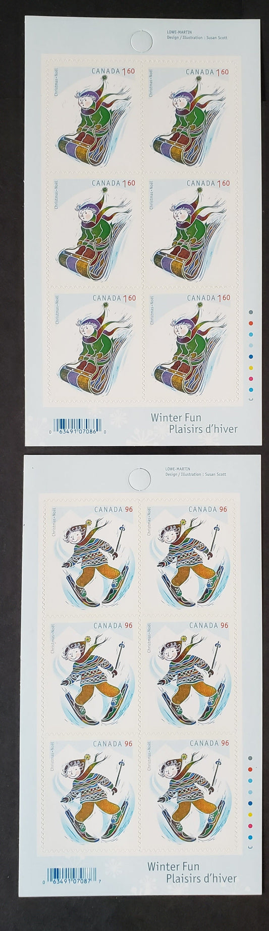 Canada #2294a, 2295a 95c-$1.60 Multicolored Skiing & Tobogganing, 2008 Christmas Issue, 2 VFNH Booklet Panes Of 6
