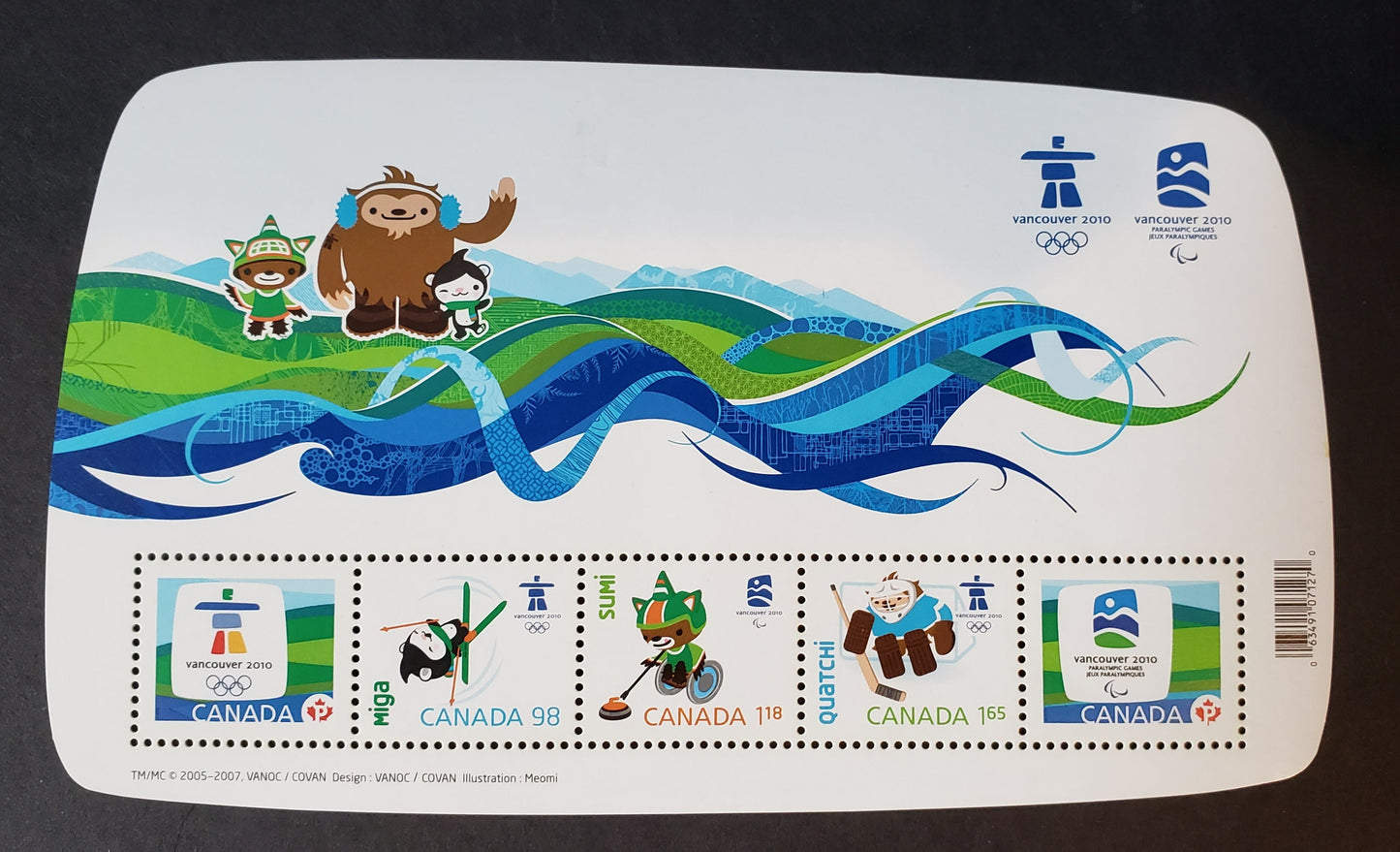 Canada #2305 P(54c) - $1.65 Multicolored Vancouver 2010 Emblem - Quatchi, 2009 Olympic Emblems, A VFNH Souvenir Sheet Of 5