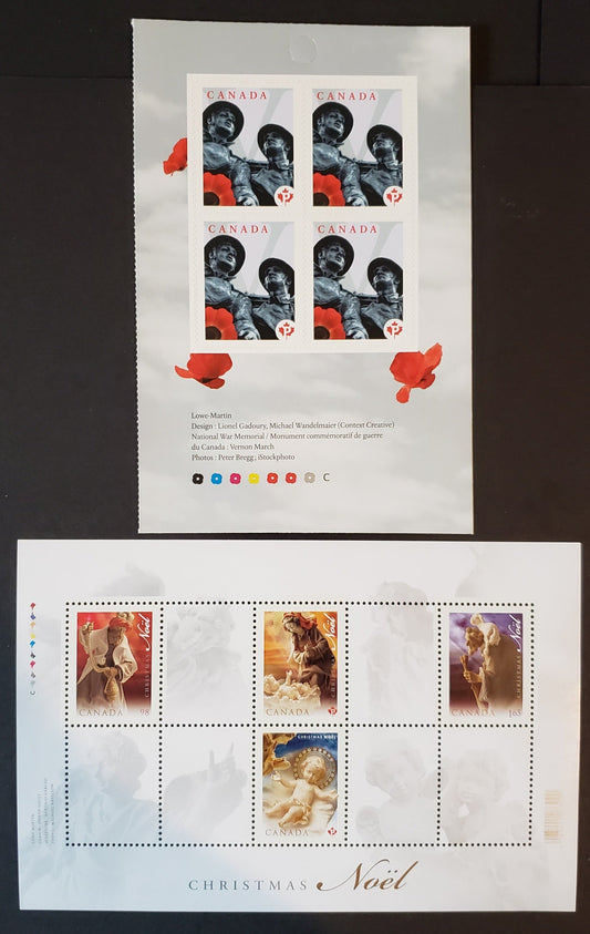 Canada #2342-2343 P(54c) Multicolored National War Memorial - Nativity Scene, 2009 Rememberance Day & Christmas Issues, 2 VFNH Booklet Pane & Souvenir Sheet Of 4