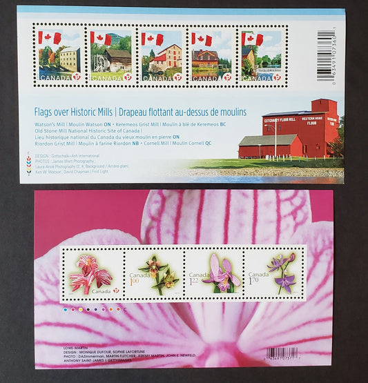 Lot 40 Canada #2350, 2356 P(57c)-$1.70 Multicolored Flag Over Mills-Grass Pink, 2010 Flag Over Mills & Flower Definitive Issues, 2 VFNH Souvenir Sheets Of 4 & 5