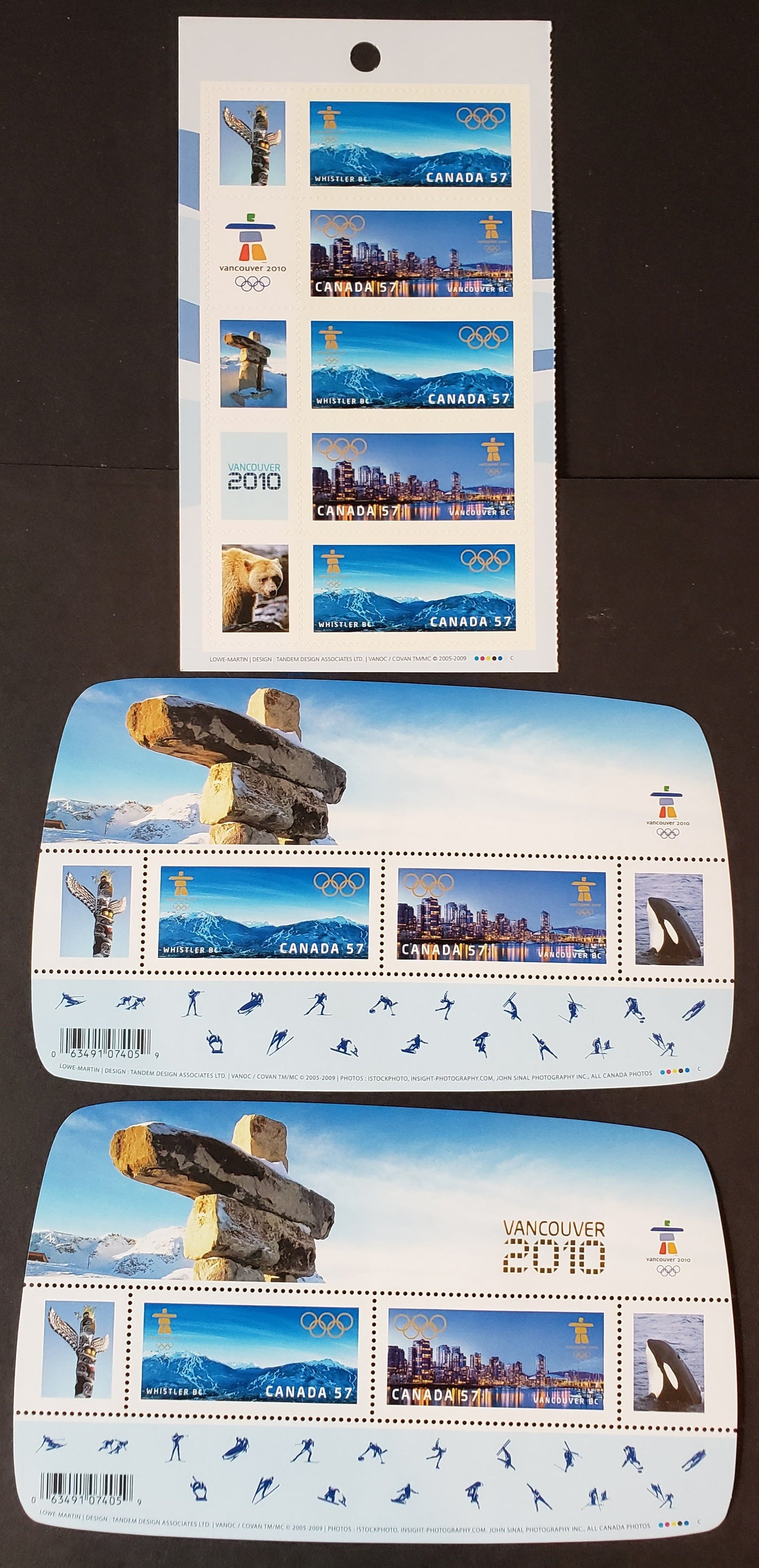 Lot 138 Canada #2366-2368 57c Multicolored Whistler BC - Vancouver BC, 2010 Vancouver Winter Olympics Issue, 3 VFNH Souvenir Sheets & Booklet Pane With Overprinted & Unoverprinted Sheets