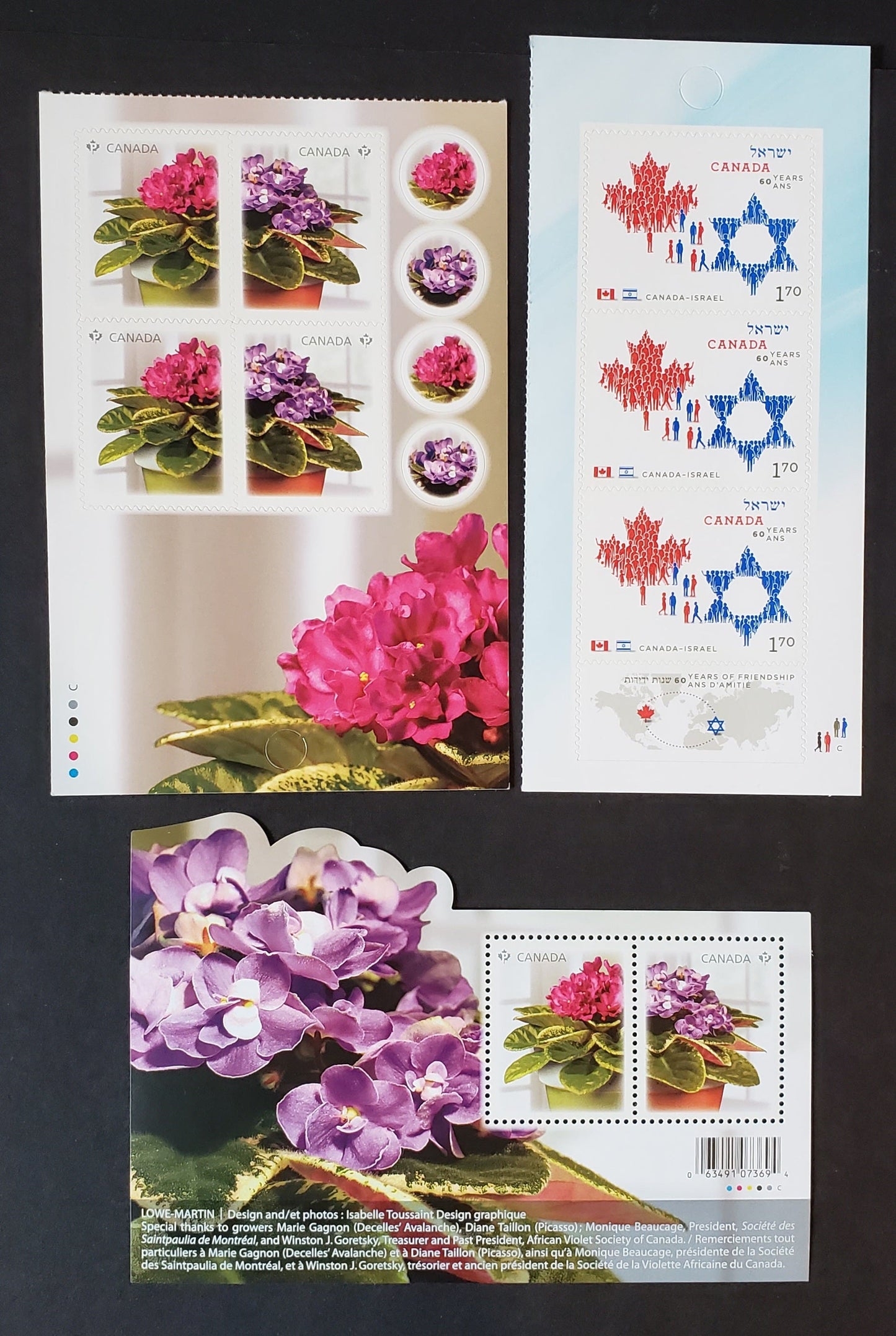 Canada #2376-2379 P(57c) & $1.70 Multicolored African Violets & National Emblems, 2010 African Violets & Canada-Israel Friendship Issues, 3 VFNH Souvenir Sheets & Booklet Panes