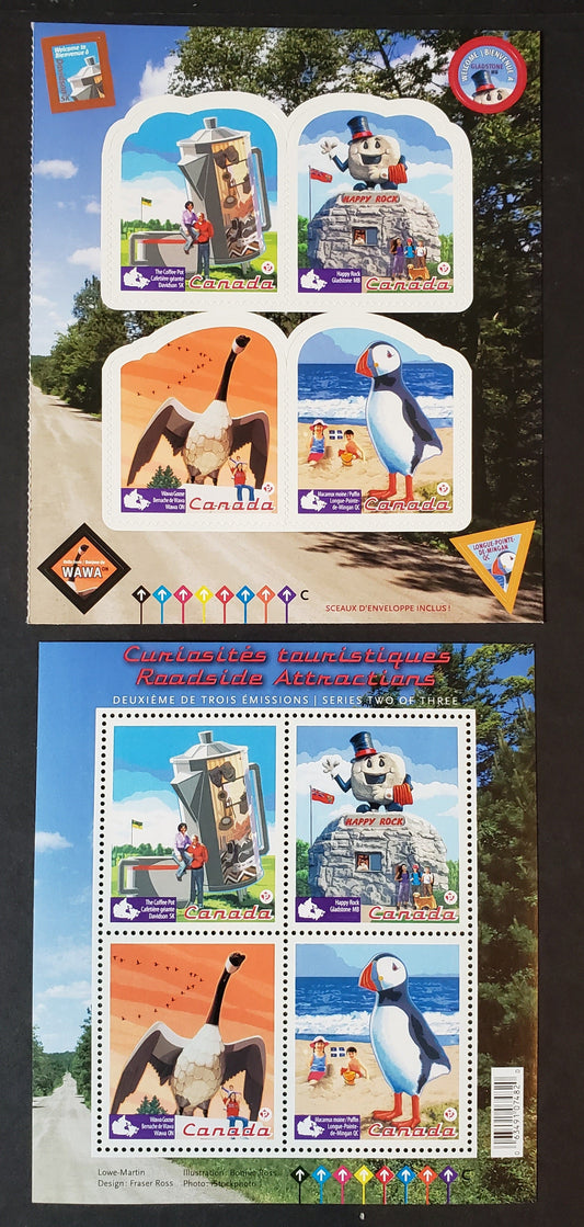 Canada #2397, 2401a P(57c) Multicolored Coffee Pot-Puffin, 2010 Roadside Attractions, 2 VFNH Souvenir Sheet & Booklet Pane