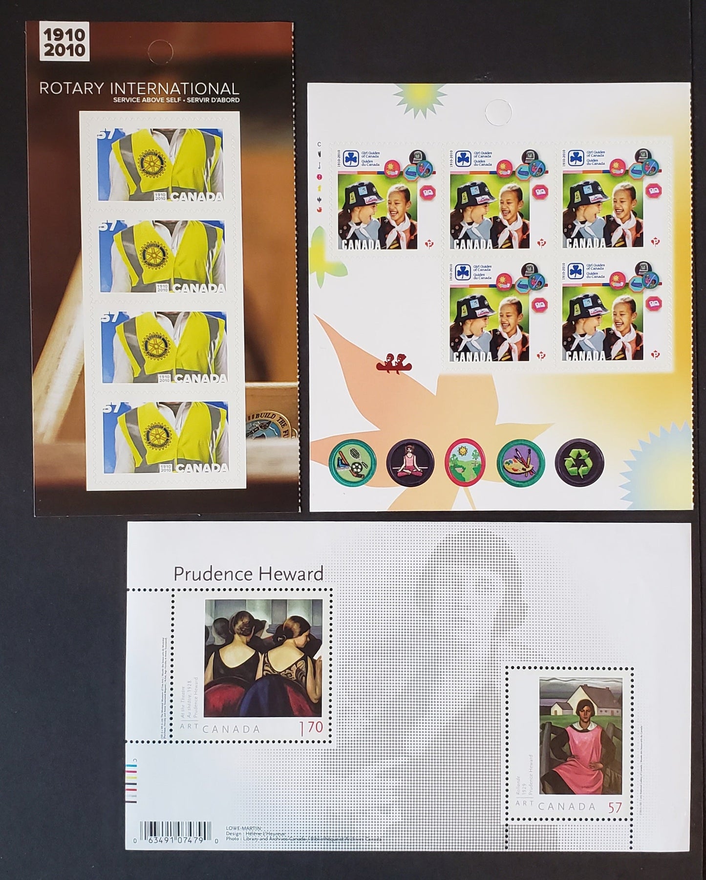 Lot 41 Canada #2394, 2396, 2402 57c Multicolored Traditional Rotary Vest-Girl Guides, 2010 Rotary International, Girl Guides & Art Canada Issues, 3 VFNH Souvenir Sheet & Booklet Panes