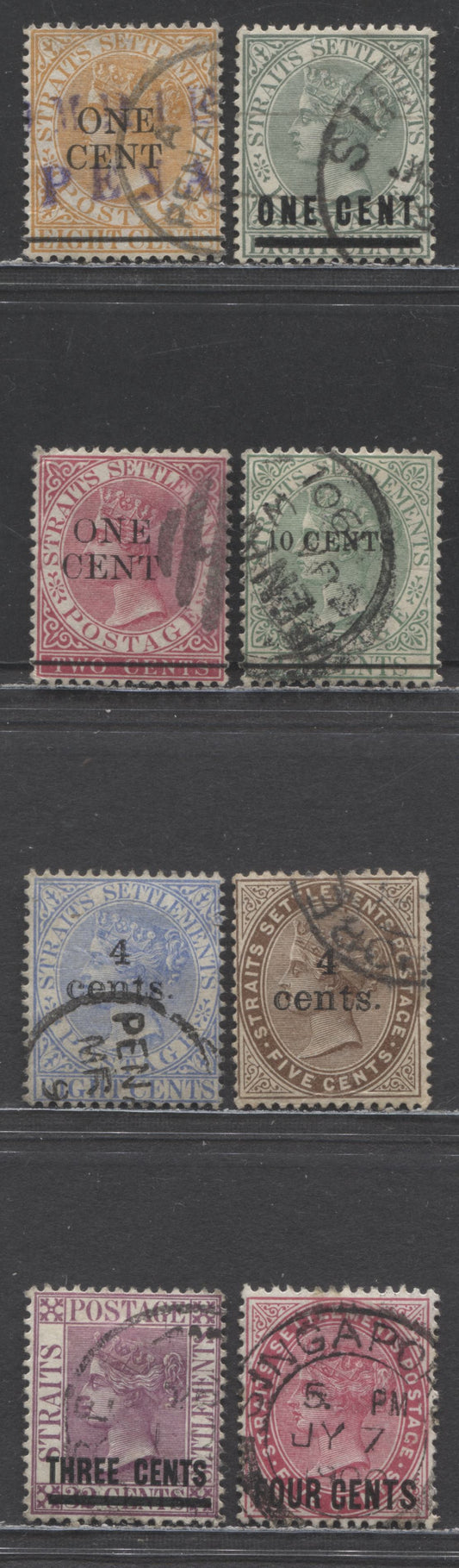Lot 66 Straits Settlements SC#73/92 1885-1899 Surcharged Issue, 8 Fine/Very Fine Used Singles, Click on Listing to See ALL Pictures, 2022 Scott Classic Cat. $23.15 USD