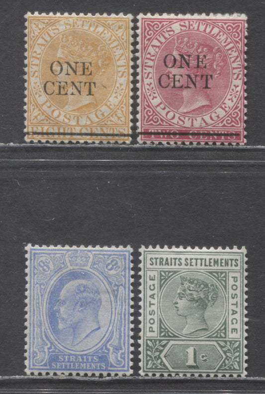 Lot 67 Straits Settlements SC#77/134 1892/1911 Queen Victoria & Edward VII Issues, 4 F/VFOG Singles, Click on Listing to See ALL Pictures, 2022 Scott Classic Cat. $22 USD