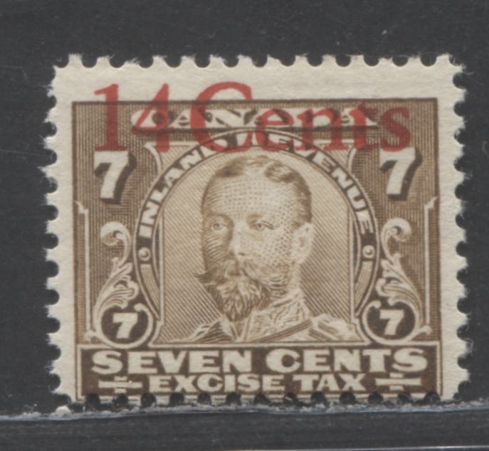 Lot 90 Canada #FX27g 14c On 7c Brown King Edward, 1915 Excise Tax, A FOG Single With Overprint At Top