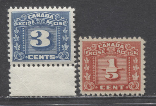 Lot 95 Canada #FX54, FX64 1/5c & 3c Red & Blue 3 Leaves, 1934-1948 Excise Tax, 2 VFNH Single