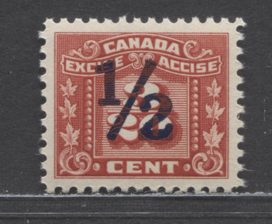 Lot 97 Canada #FX107 1/2c On 2/20c Red 3 Leaves, 1934-1948 Excise Tax Overprint, A VFNH Single With Deep Yellowish Cream Gum
