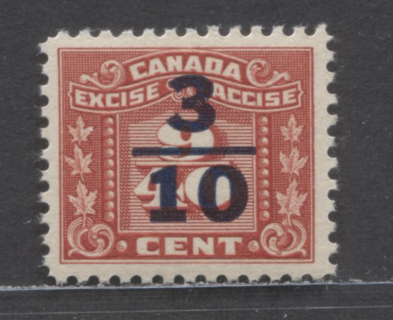 Lot 98 Canada #FX105 3/10 On 9/40c Red 3 Leaves, 1934-1948 Excise Tax Overprint, A VFNH Single