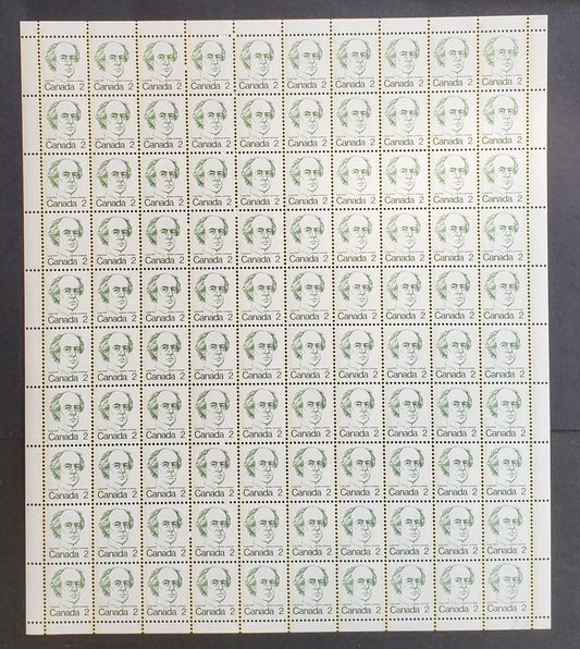 Canada #587iii 2c Green Laurier, 1973-1976 Caricature Definitives Issue, A VFNH Full Field Stock Sheet Of 100 On DF/DF Paper With Light Yellowish Cream Tagging