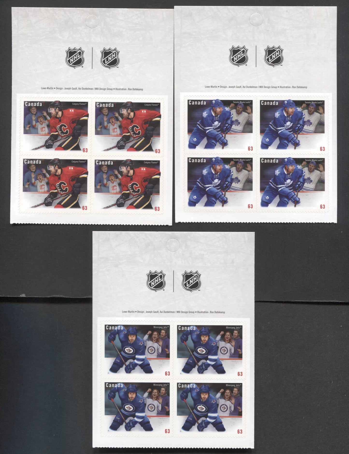 Lot 10 Canada #2674-2676 63c Multicolored Calgary Flames-Toronto Maple Leafs, 2013 Canadian NHL Jersey's Issue, 3 VFNH Booklet Panes Of 4
