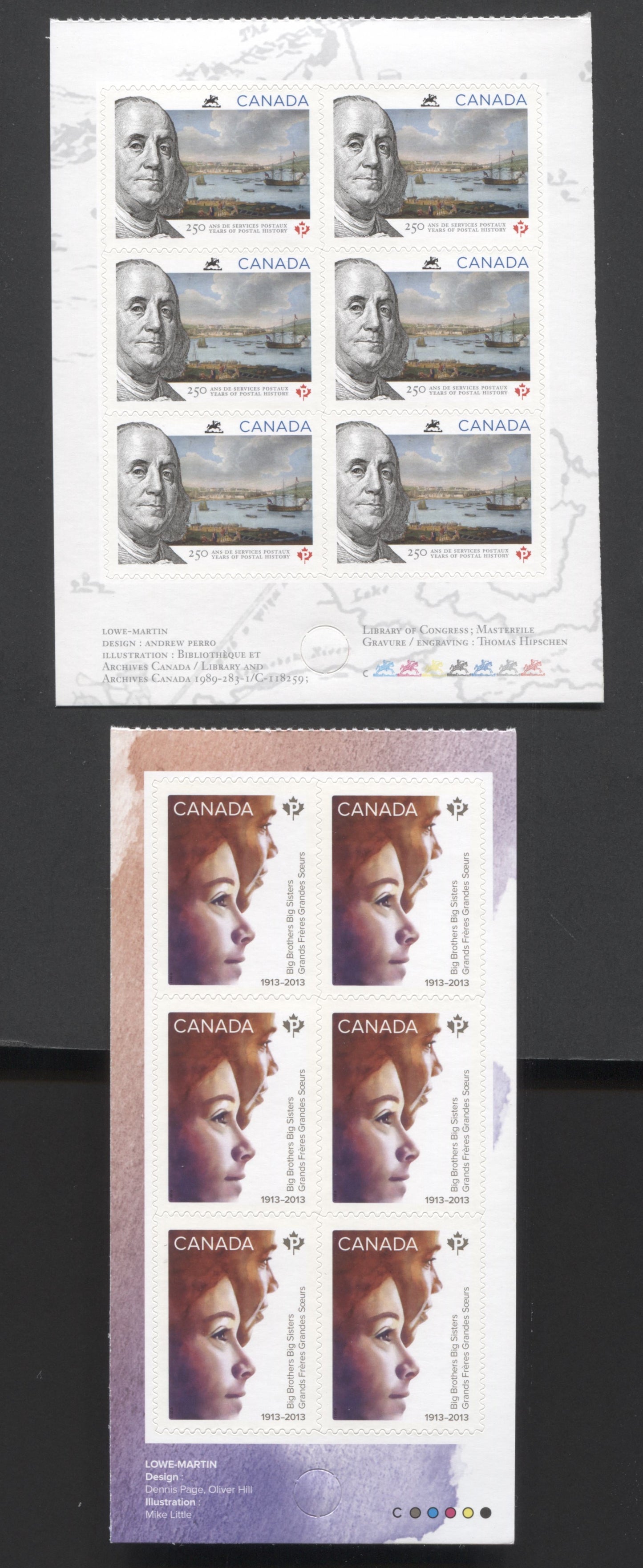 Lot 1 Canada #2645, 2649 P(63c) Multicolored Boy And Girl & Benjamin Franklin, 2013 Big Brothers Big Sisters & 250 Years Of Postal History, 2 VFNH Booklet Panes Of 6
