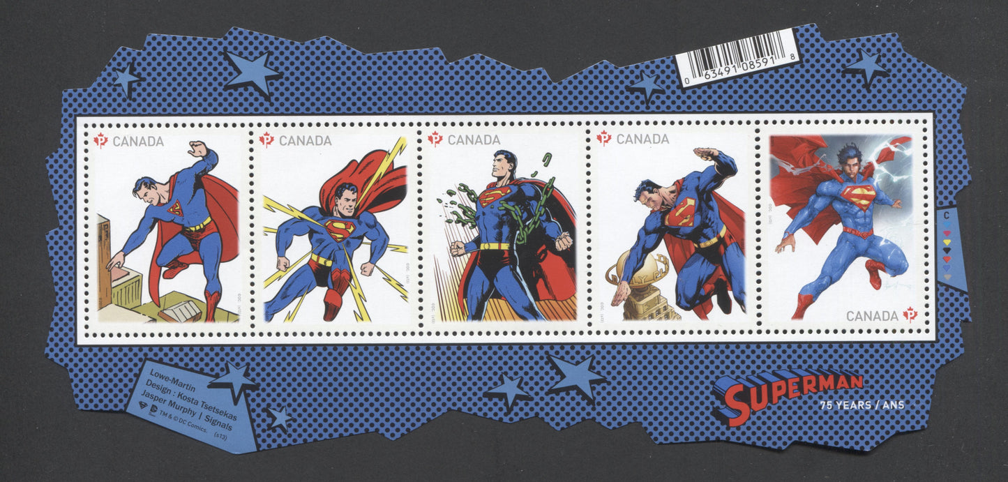 Lot 12 Canada #2677 P(63c) Multicolored Superman, 2013 Superman Issue, A VFNH Souvenir Sheet Of 5