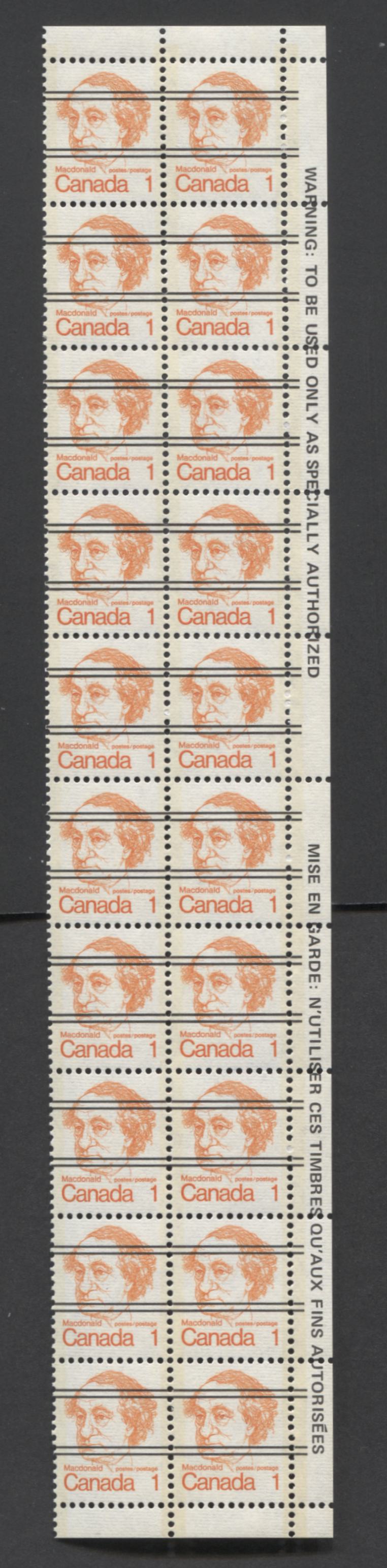 Lot 42 Canada #586xxii 1c Orange John A Macdonald, 1973 Caricature Definitives, A VFNH Precancelled Warning Strip Of 20 From The Right Side Of The Sheet, Smooth LF/LF Paper (Appears Bluish Under UV), Light Cream Colored Tagging
