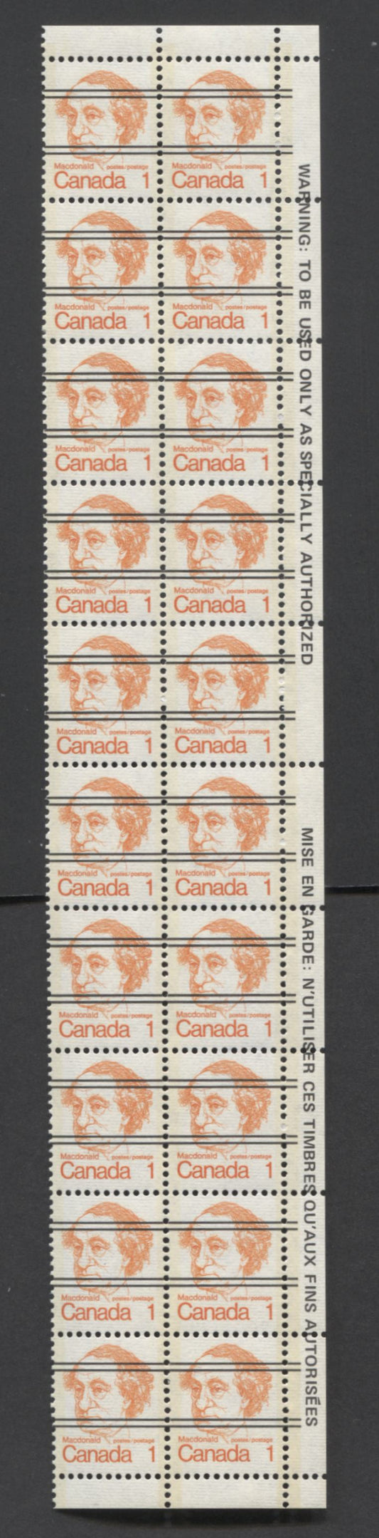 Canada #586xxii 1c Orange John A Macdonald, 1973 Caricature Definitives, A VFNH Precancelled Warning Strip Of 20 From The Right Side Of The Sheet, Smooth LF/LF Paper (Appears Bluish Under UV), Light Cream Colored Tagging