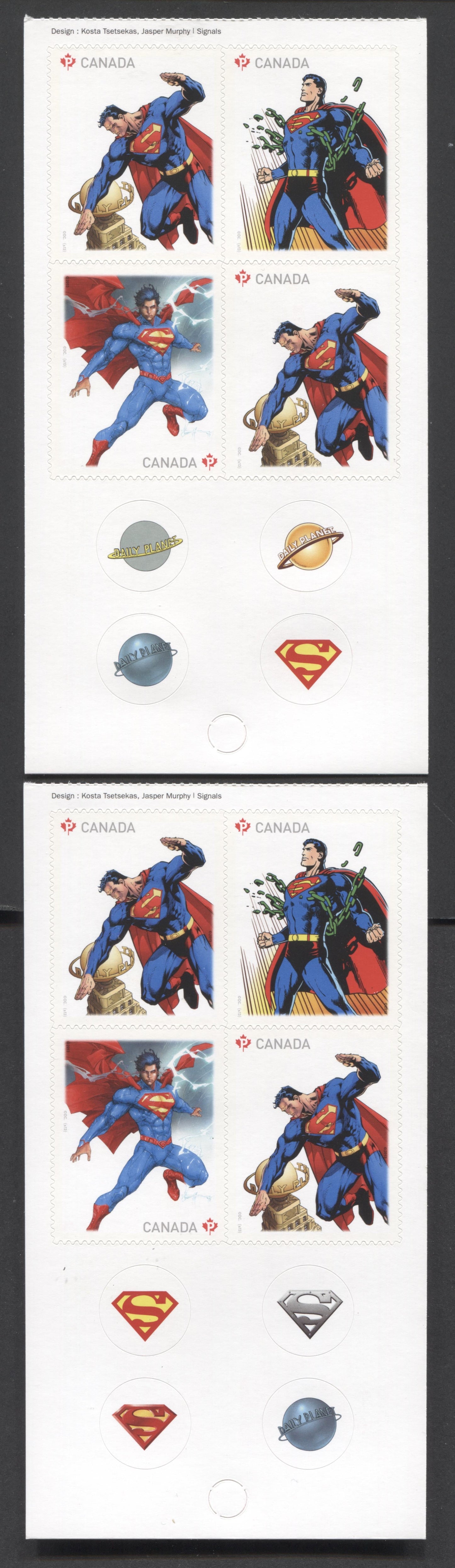 Lot 13 Canada #2681-2683 P(63c) Multicolored Superman, 2013 Superman Issue, 2 VFNH Booklet Pane Of 4 With Different Circular Stickers