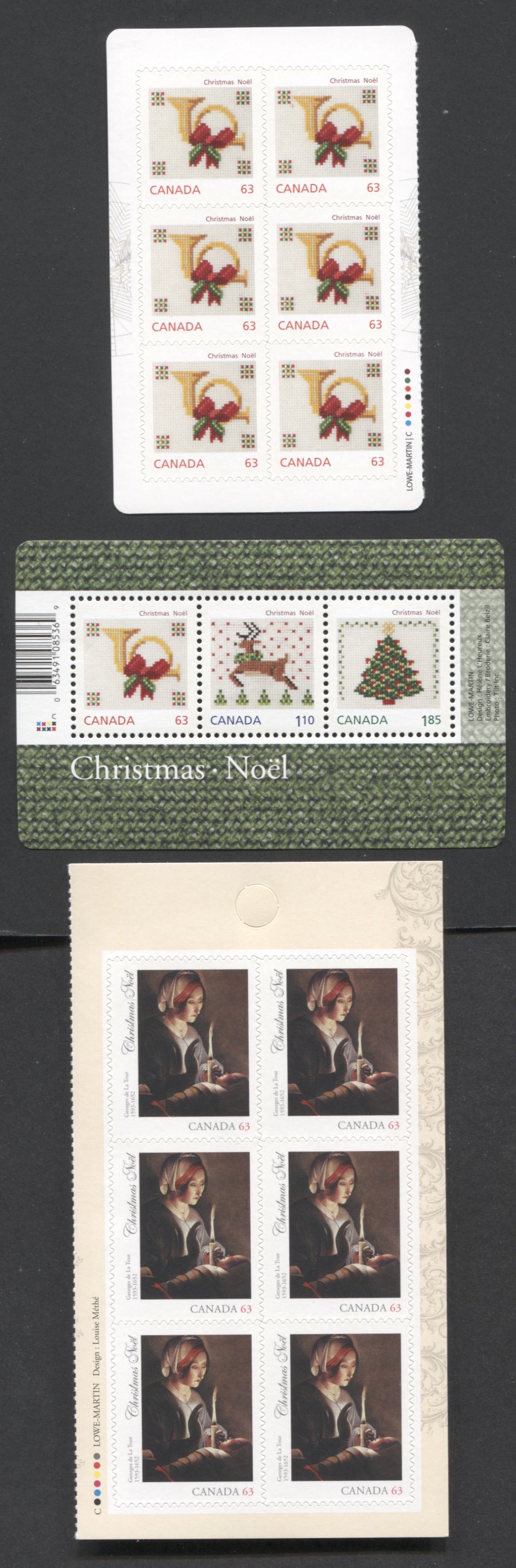 Lot 16 Canada #2688-2689, 2687 63c-$1.85 Multicolored Cross Stitched Horn-Christmas Tree & Saint Anne, 2013 Christmas Issue, 3 VFNH Booklet Panes Of 6 & Souvenir Sheet