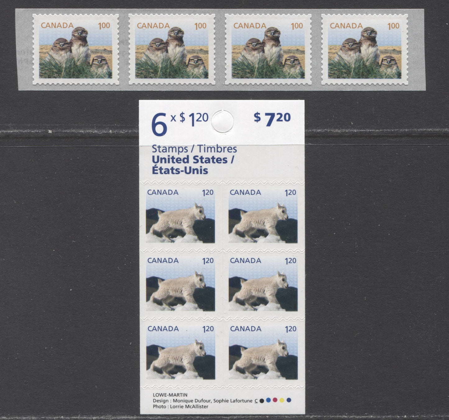 Lot 22 Canada #2710, 2715 $1.00 & $1.20 Multicolored Burrowing Owl & Mountain Goat, 2014 Baby Wildlife Definitives, A VFNH Coil Strip Of 4 & Booklet Of 6, Inscription On The Coil Strip