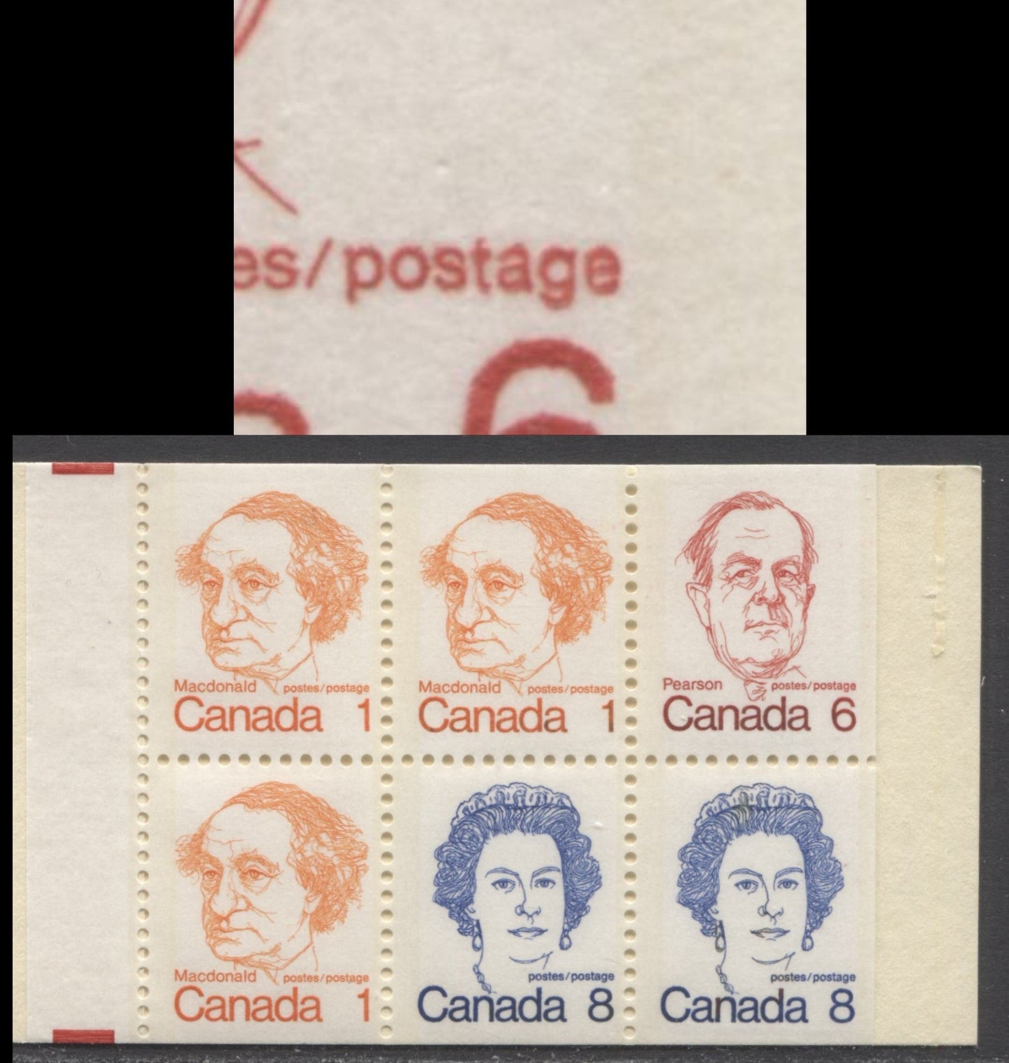 Canada #BK74ki, 1972-1978 Caricature Issue, A Complete 25c Booklet, MF Junkers W-34 Cover, NF/NF Smooth, Vertical Ribbed Paper, Deeper Shades, Extra Hairline Tag Bar On 1/1 And 2/1, Re-entry On Postage