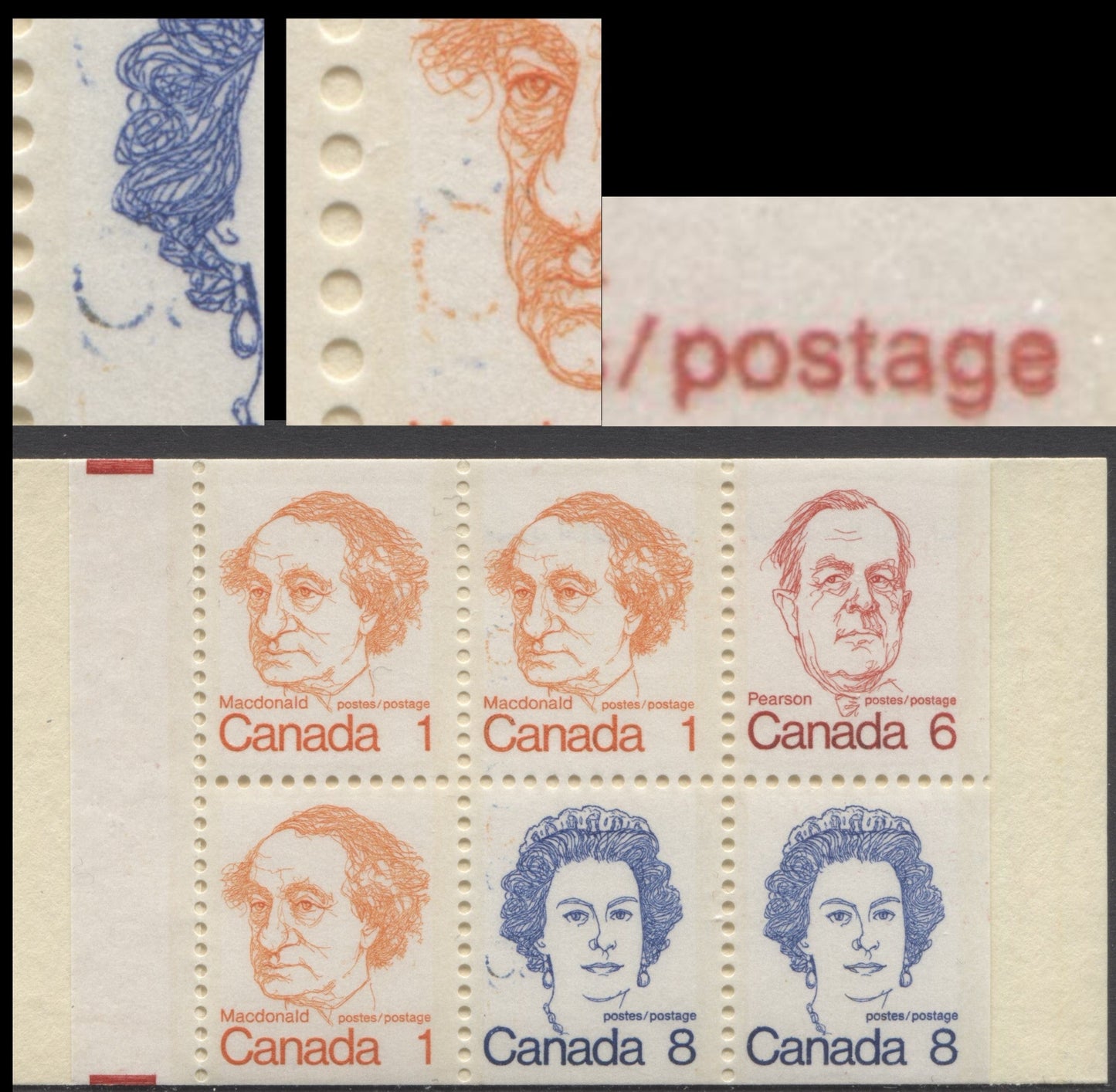 Lot 48 Canada #BK74jvar, 1972-1978 Caricature Issue, A Complete 25c Booklet, HF Argus Cover, NF/NF Smooth, Stuttering C Variety, Additional Hairline Tag Bar On 1/1 & 2/1, Re-entry In Postage 1/3