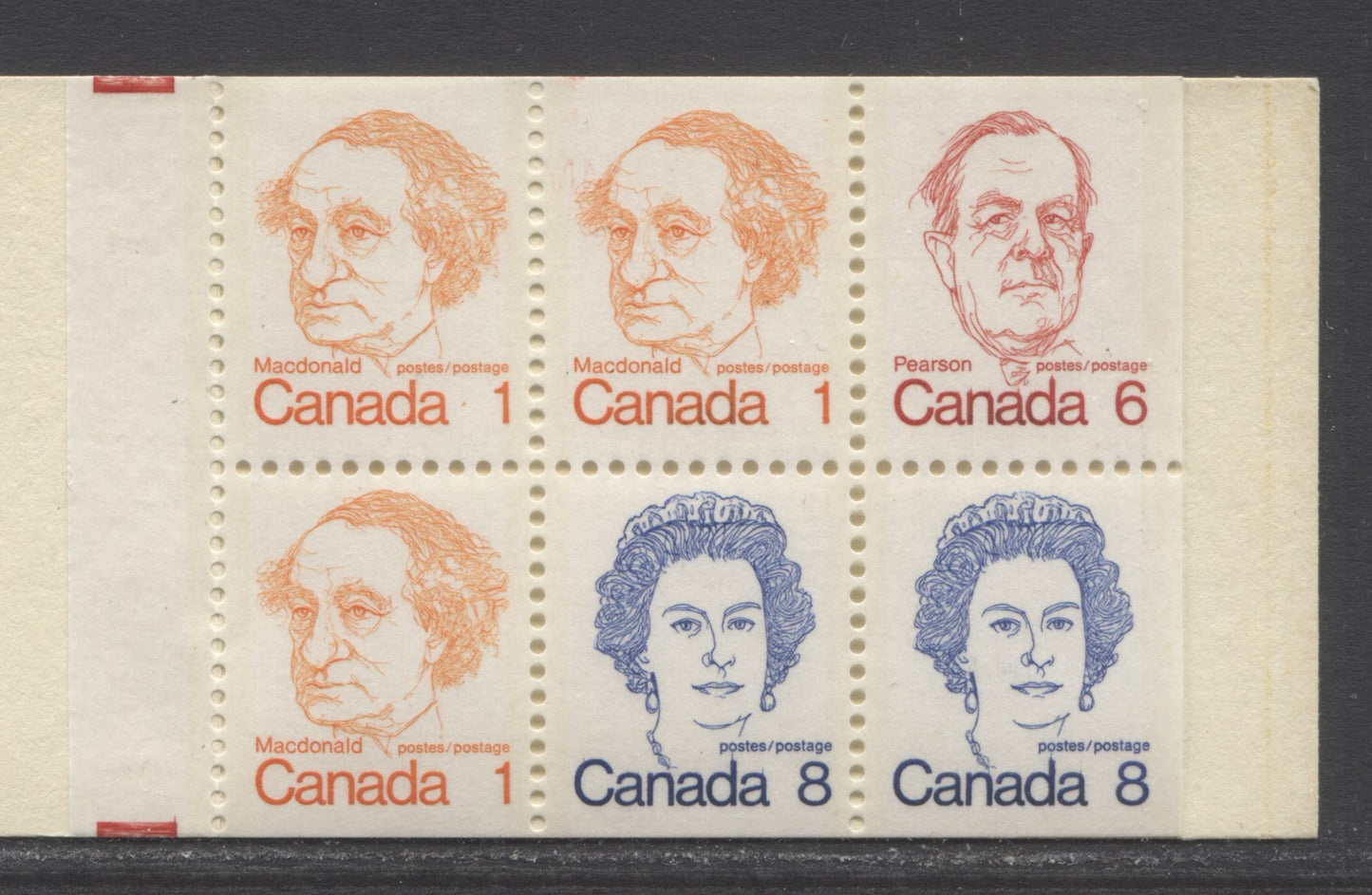 Canada #BK74avar, 1972-1978 Caricature Issue, A Complete 25c Booklet, Dead Nieuport Scout Cover, Smooth DF/DF Grayish, Vertical Hairline Tag Streaks Down 1/3, 2/2 And 2/3