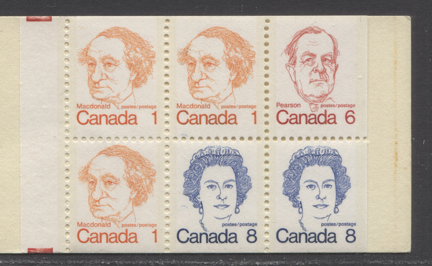 Canada #BK74avar, 1972-1978 Caricature Issue, A Complete 25c Booklet, Dead Fokker Super Universal Cover, DF/DF Vertical Ribbed Pane, Pale Shades, Blue Guideline On Pane At UR, Weak Stuttering C On 2/2, Unlisted