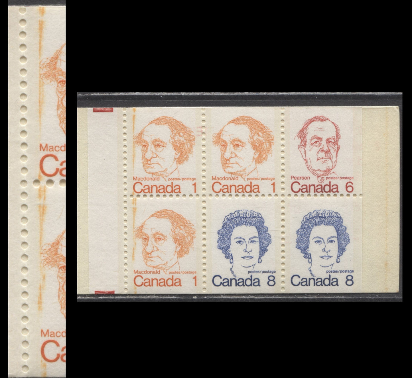 Canada #BK74avar, 1972-1978 Caricature Issue, A Complete 25c Booklet, Dead Cover, DF/DF Vertical Ribbed Pane,Large Orange Ink Smudge Down 1/1 & 2/1, Unlisted In McCann & Unitrade