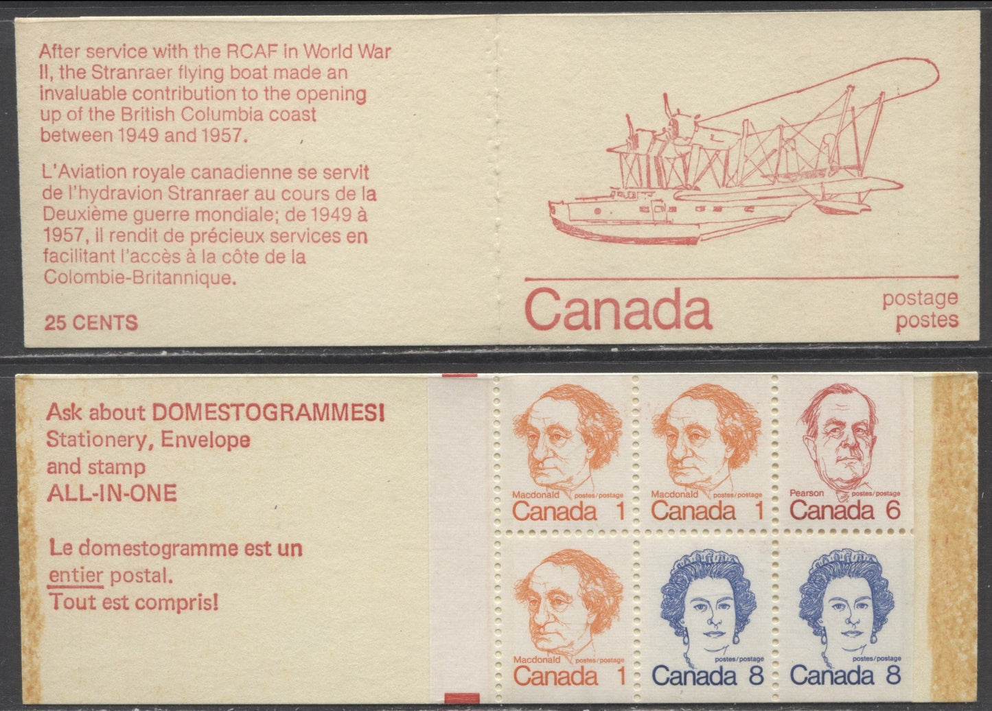 Canada #BK74gT2, 1972-1978 Caricature Issue, A Complete 25c Booklet, Dead Stranraer Cover, DF Ribbed Pane, Missing Tag Bar & Ghost Var Down 1/3 & 2/3