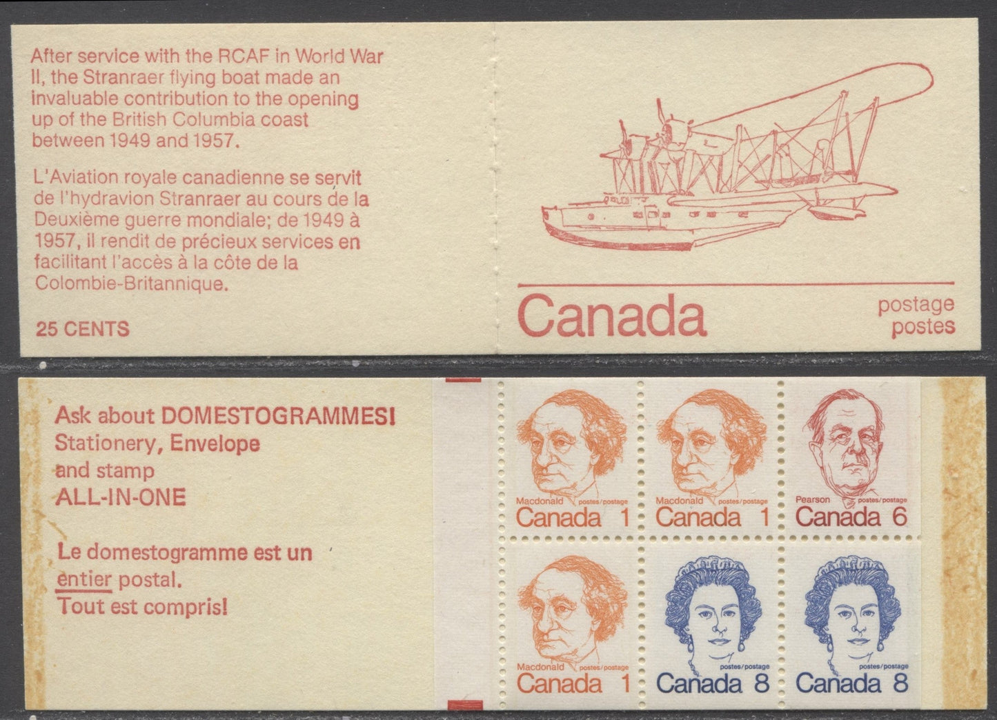 Lot 6 Canada #BK74gT3var, 1972-1978 Caricature Issue, A Complete 25c Booklet, NF Stranraer Cover, DF/DF Horizontal Ribbed Pane, Missing 3rd Tag Bar & Partial 2nd Bar