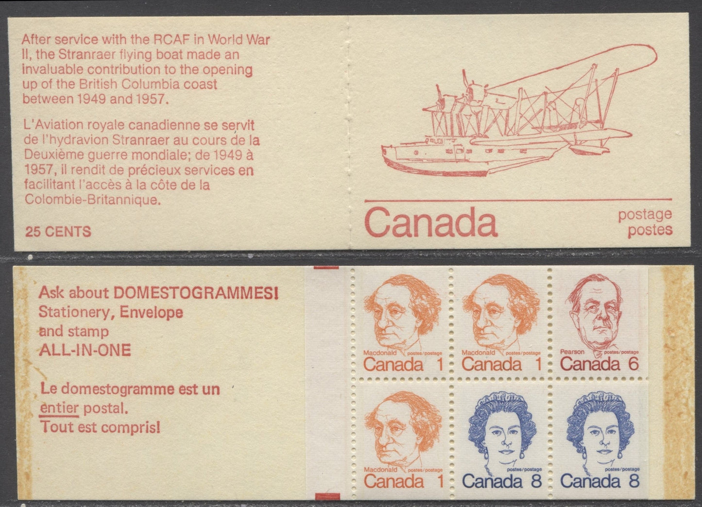 Canada #BK74gT3var, 1972-1978 Caricature Issue, A Complete 25c Booklet, NF Stranraer Cover, DF/DF Horizontal Ribbed Pane, Missing 3rd Tag Bar & Partial 2nd Bar