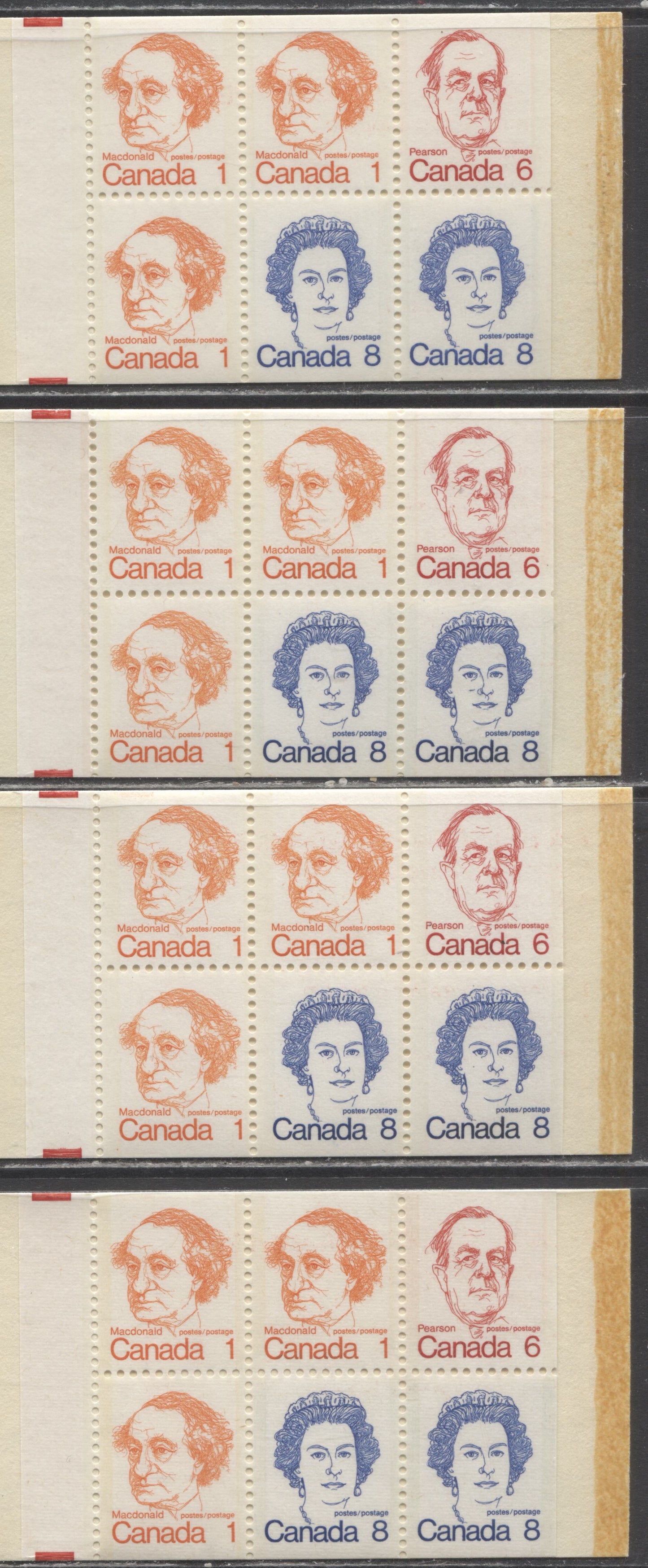 Canada McCann #BK74h,aa,agi 1972-1978 Caricature Issue, 4 Complete 25c Booklets, DF Covers, NF/NF, DF/DF, MF/MF & HF/HF Papers