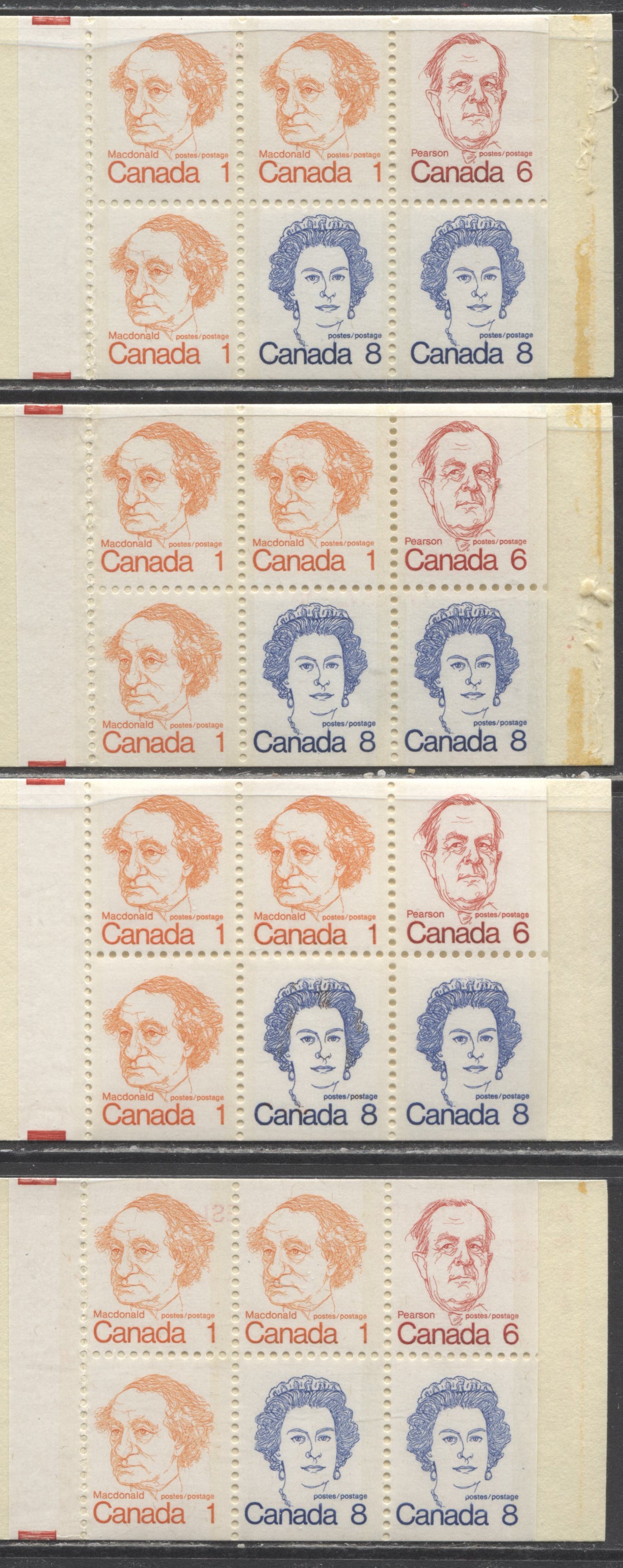 Canada  McCann #BK74c,wi,ac 1972-1978 Caricature Issue, 4 Complete 25c Booklets, MF Cover, NF/NF, LF & MF Vertical Ribbed Panes, Lighter & Normal Shades
