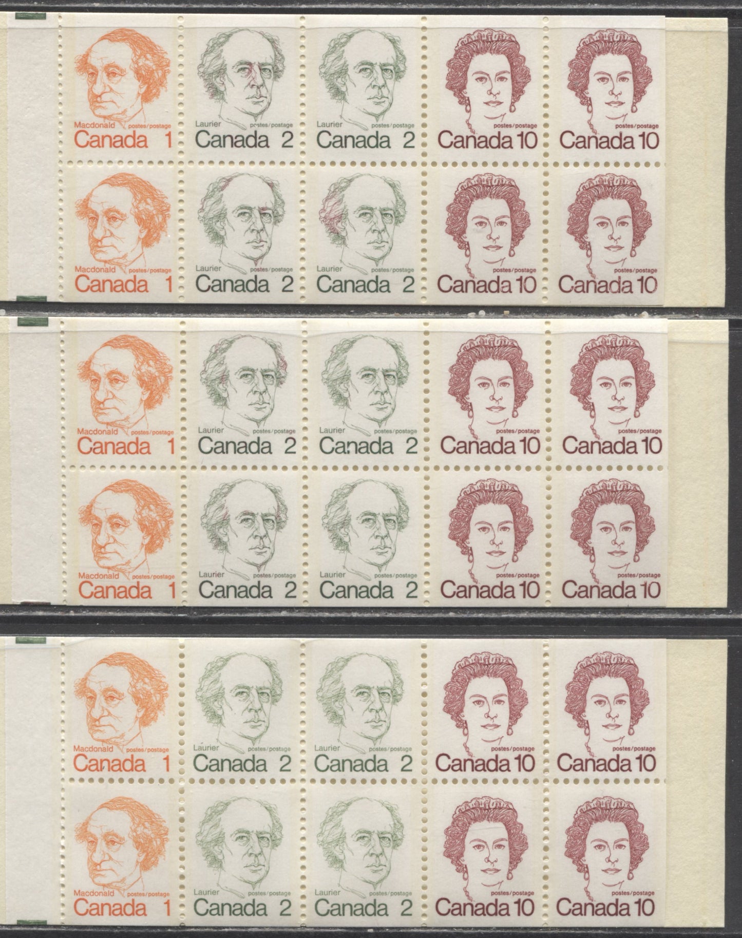 Canada McCann #BK76a&var 1972-1978 Caricature Issue, 3 Complete 50c Booklets, HF Covers, DF-fl Panes, Normal & Pale Shades