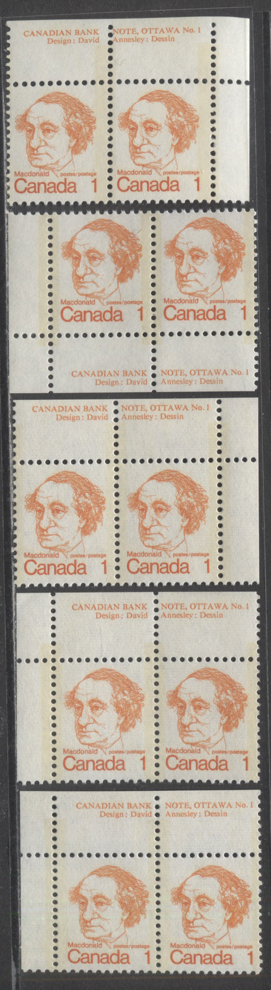 Canada #586, 586i, 586iii 1c Orange Sir John A Macdonald, 1973 - 1976 Caricature Issue, 5 VFNH Plate Pairs On LF,DF & DF Horizontally Ribbed Papers