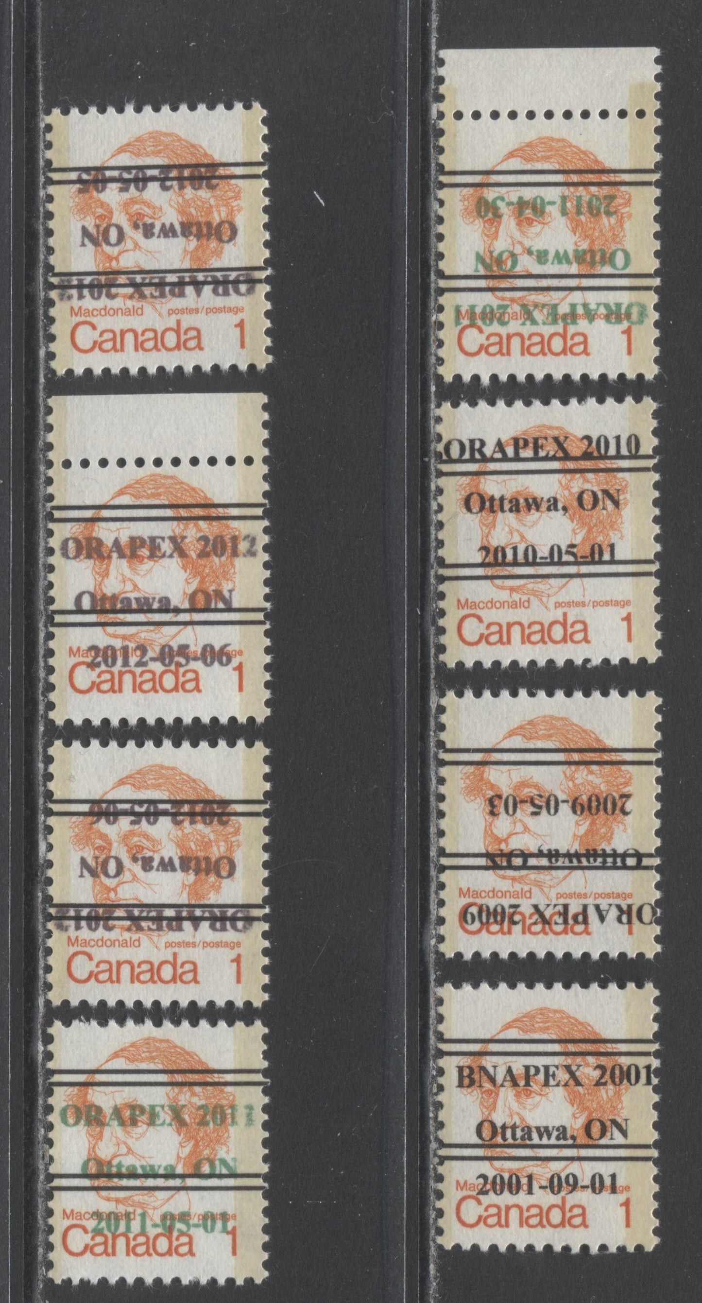 Lot 294 Canada #586xxiii 1c Orange Sir John A Macdonald, 1973 - 1976 Caricature Issue, 8 F-VFNH Singles On NF/NF Precancelled Stamp Exhibition Overprints