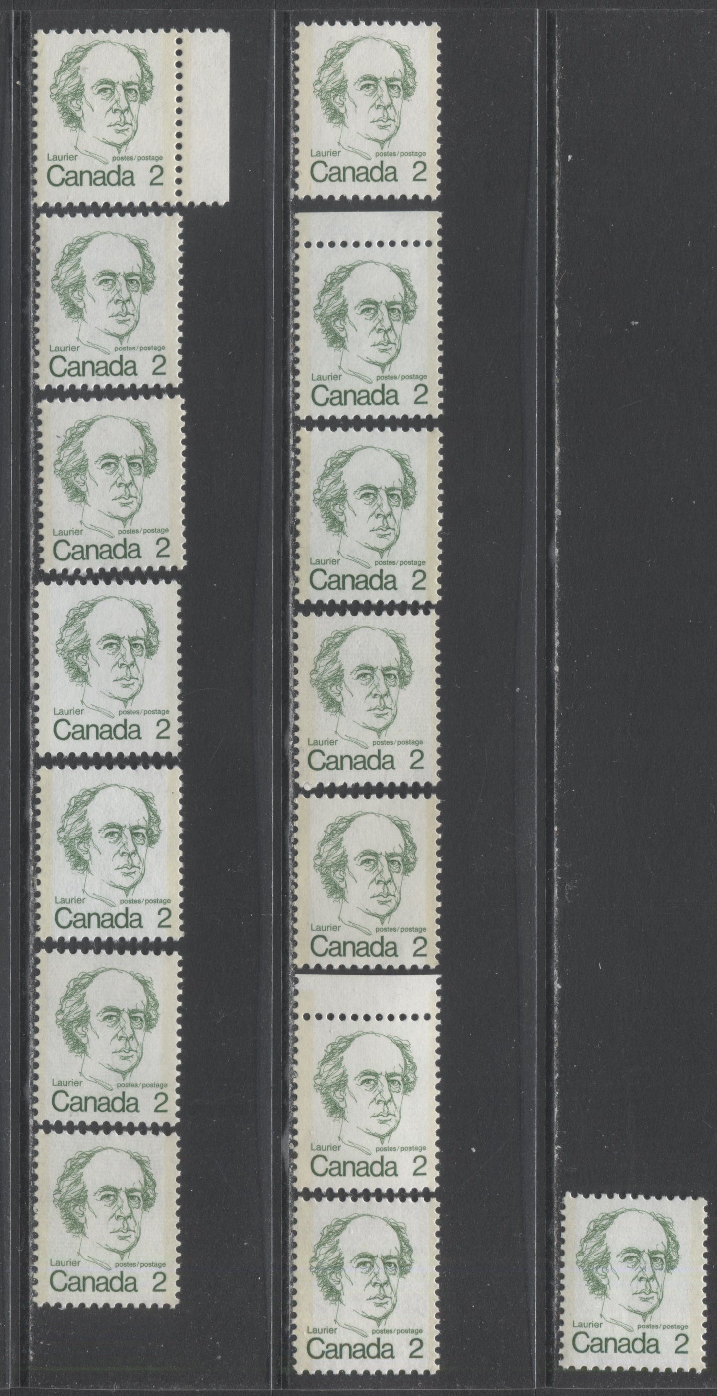 Lot 297 Canada #587,ii,iii,v,vi,x 2c Green Sir Wilfred Laurier, 1973 - 1976 Caricature Issue, 15 VFNH Singles On Different Paper/Tag Types Including Many Unlisted