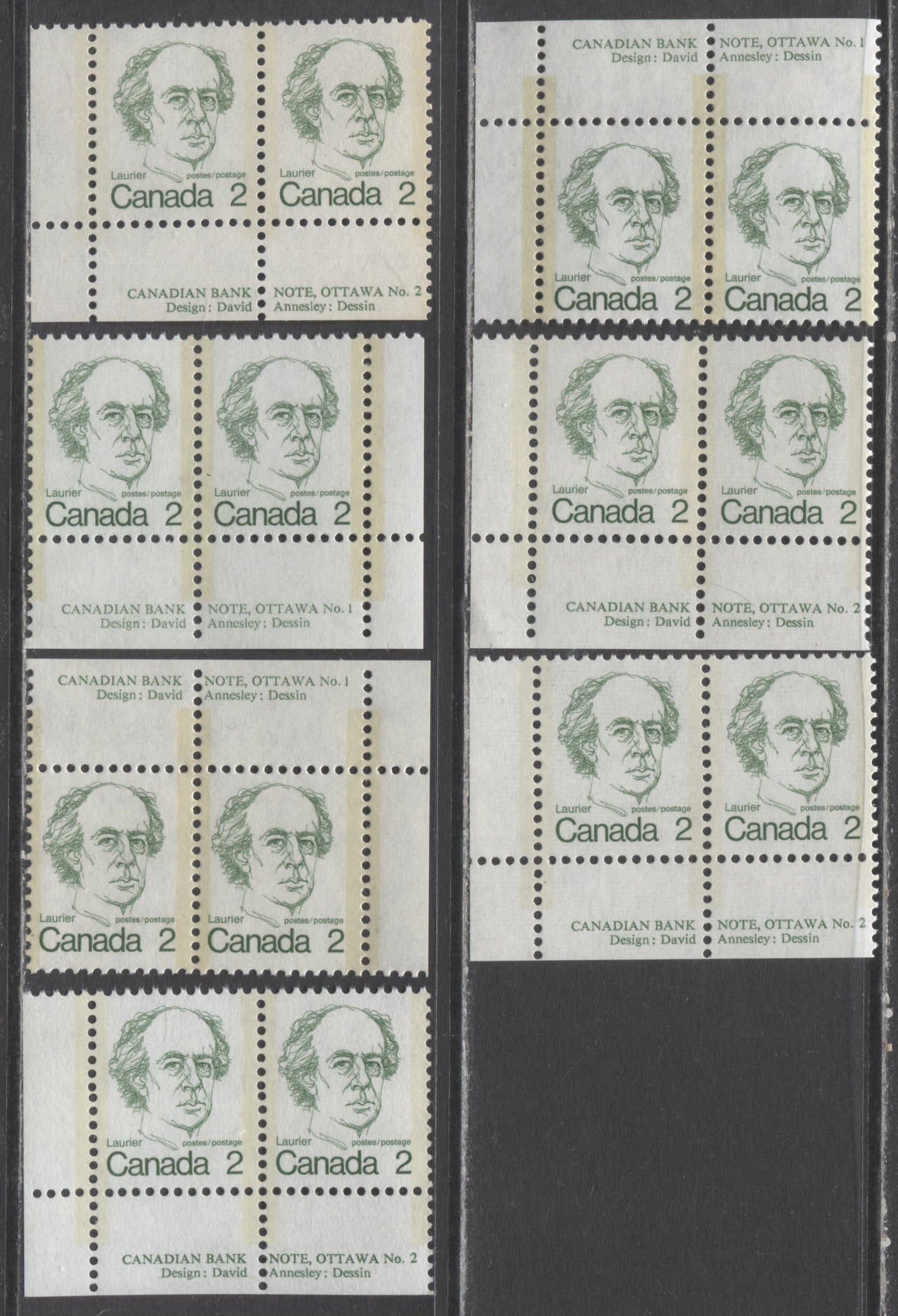 Lot 298 Canada #587v, 587, 587iii 2c Green Sir Wilfred Laurier, 1973 - 1976 Caricature Issue, 7 VFNH Plate Pairs On Various DF, MF & LF Papers Including Unlisted Types