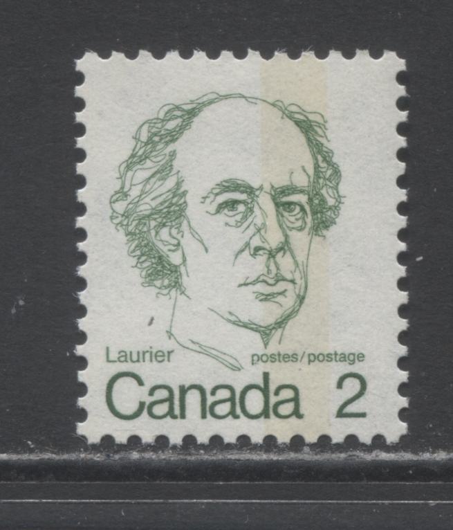 Lot 300 Canada #587i T3a 2c Green Sir Wilfred Laurier, 1973 - 1976 Caricature Issue, A VFNH Single On NF/NF Deep Bluish Grey Paper, G2aC Tagging Error