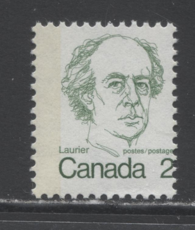 Lot 54 Canada #587i T1a 2c Green Sir Wilfred Laurier, 1973 - 1976 Caricature Issue, A VFNH Single On NF/NF Paper, G2aL Tagging Error Due To Perf Shift Leftward 2mm