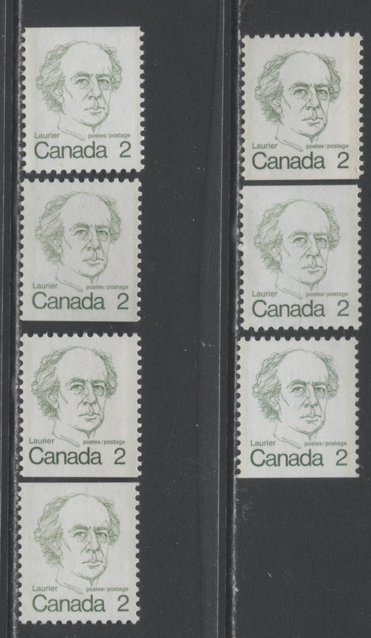 Canada #587viii, xii, xiii 2c Green Sir Wilfred Laurier, 1973 - 1976 Caricature Issue, 7 VFNH Booklet Singles With Various DF,LF, MF & HF Papers Including Unlisted