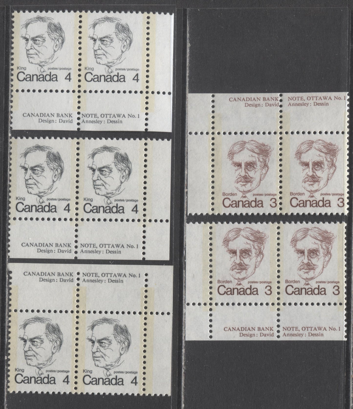 Lot 308 Canada #588, 589, 589ii 3c-4c Maroon-Black Borden-King, 1973 - 1976 Caricature Issue, 5 VFNH Plate Pairs With Various DF & MF Papers Including Unlisted Types