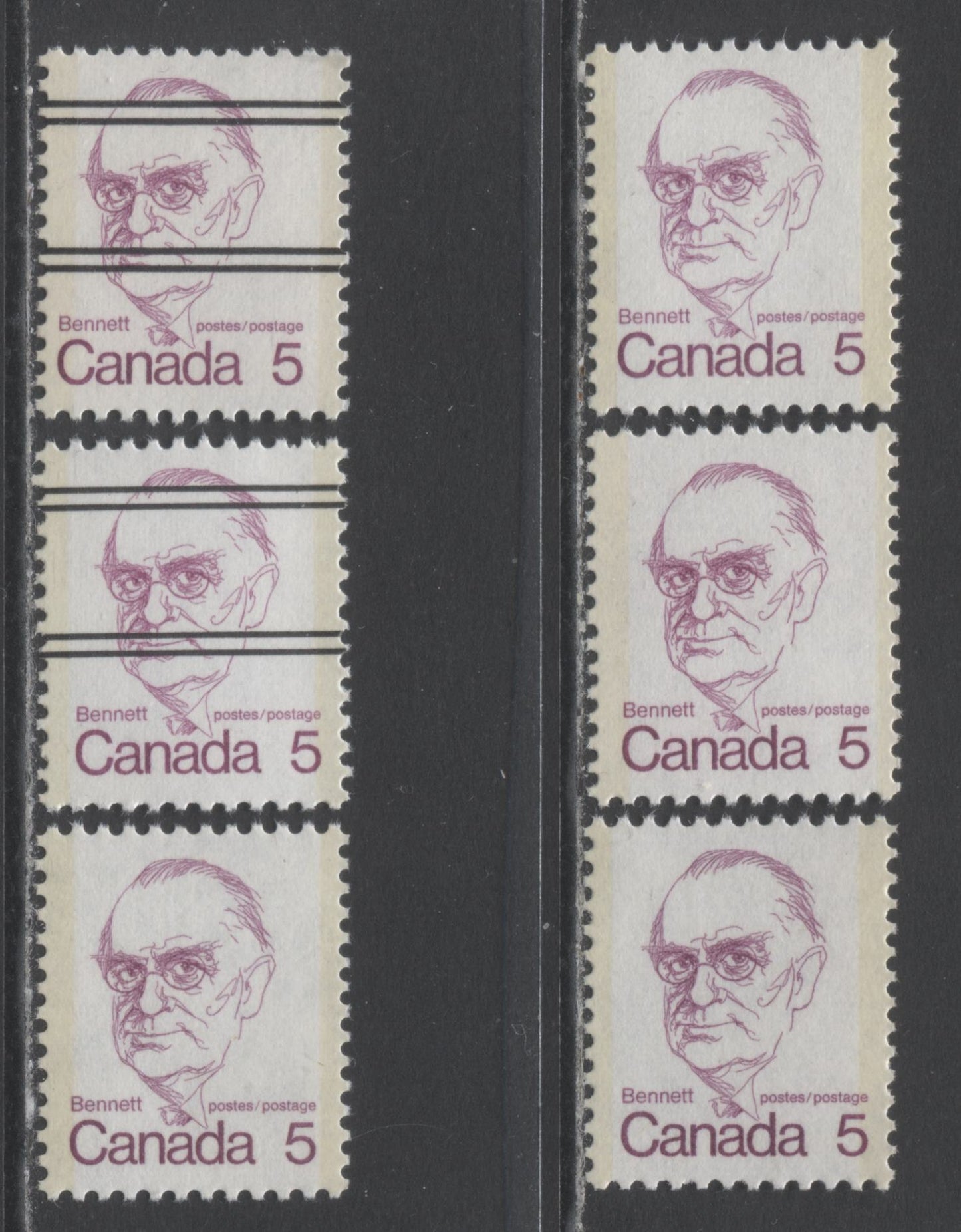 Lot 312 Canada #590,I,iii,xx 5c Lilac Richard B Bennett, 1972-1974 Caricature Issue, 6 F/VFNH Singles With Various LF, NF & MF Papers, Includes Precancels & Unlisted Types