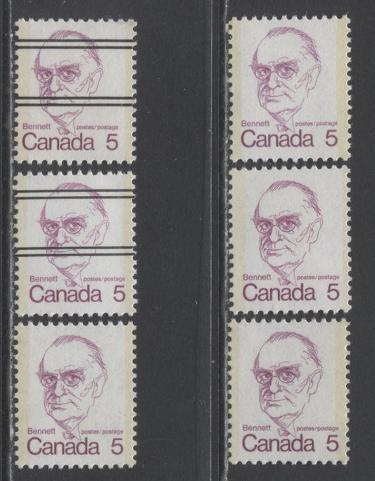 Canada #590,I,iii,xx 5c Lilac Richard B Bennett, 1972-1974 Caricature Issue, 6 F/VFNH Singles With Various LF, NF & MF Papers, Includes Precancels & Unlisted Types