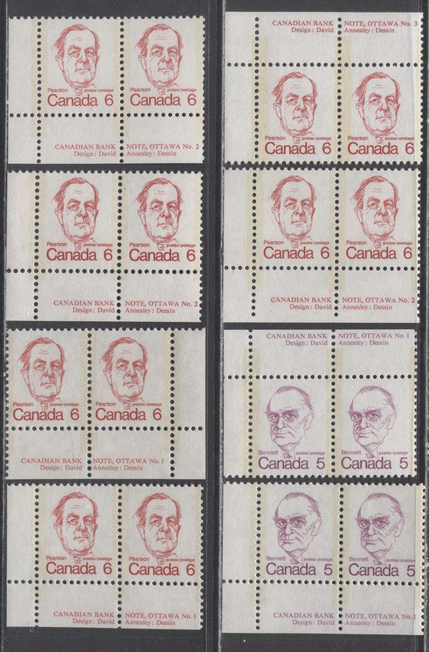 Lot 316 Canada #590, 591,ii,iii,v 5c & 6c Lilac & Dark Red Richard B Bennett & Lester B Pearson, 1972-1974 Caricature Issue, 8 VFNH Plate Pairs On Various NF, DF & LF Papers
