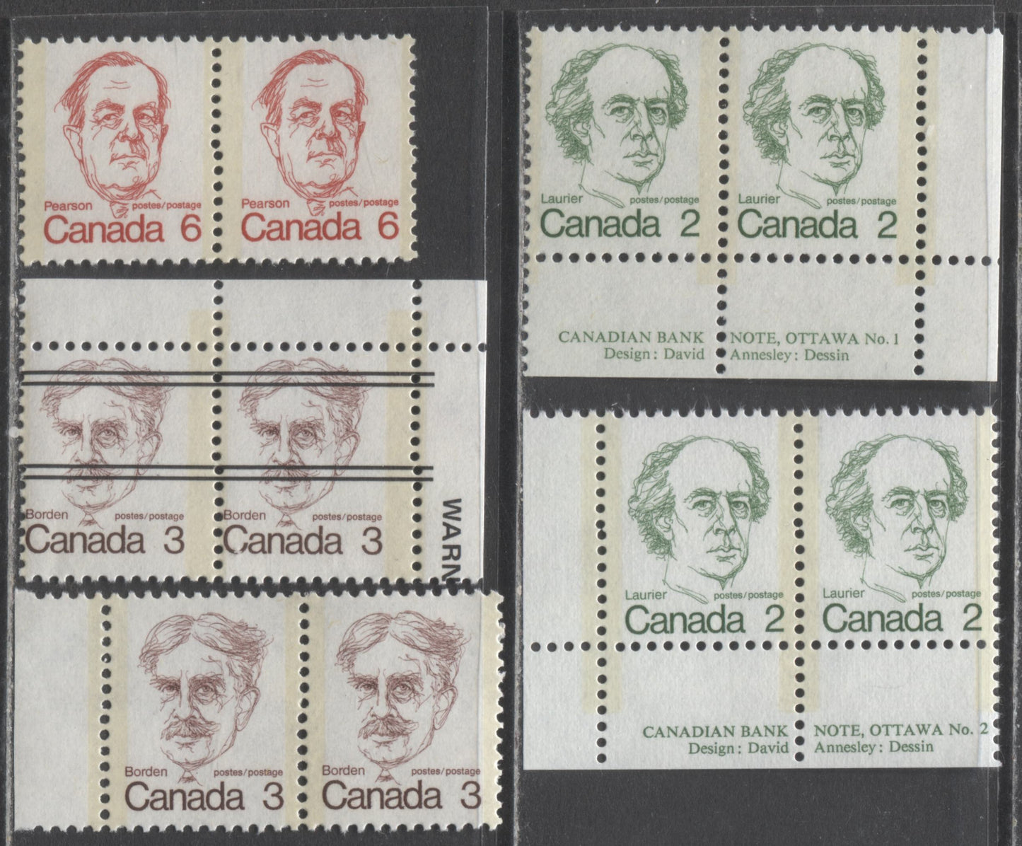 Lot 317 Canada #587iii,var, 588,xx, 591iv 2c/6c Green/Dark Red Sir Wilfrid Laurier/Lester B Pearson, 1972-1974 Caricature Issue, 5 F/VFNH Plate Pairs Showing Misalignments Between Comb Perf Strikes & Narrow Spacing Between Comb Strikes