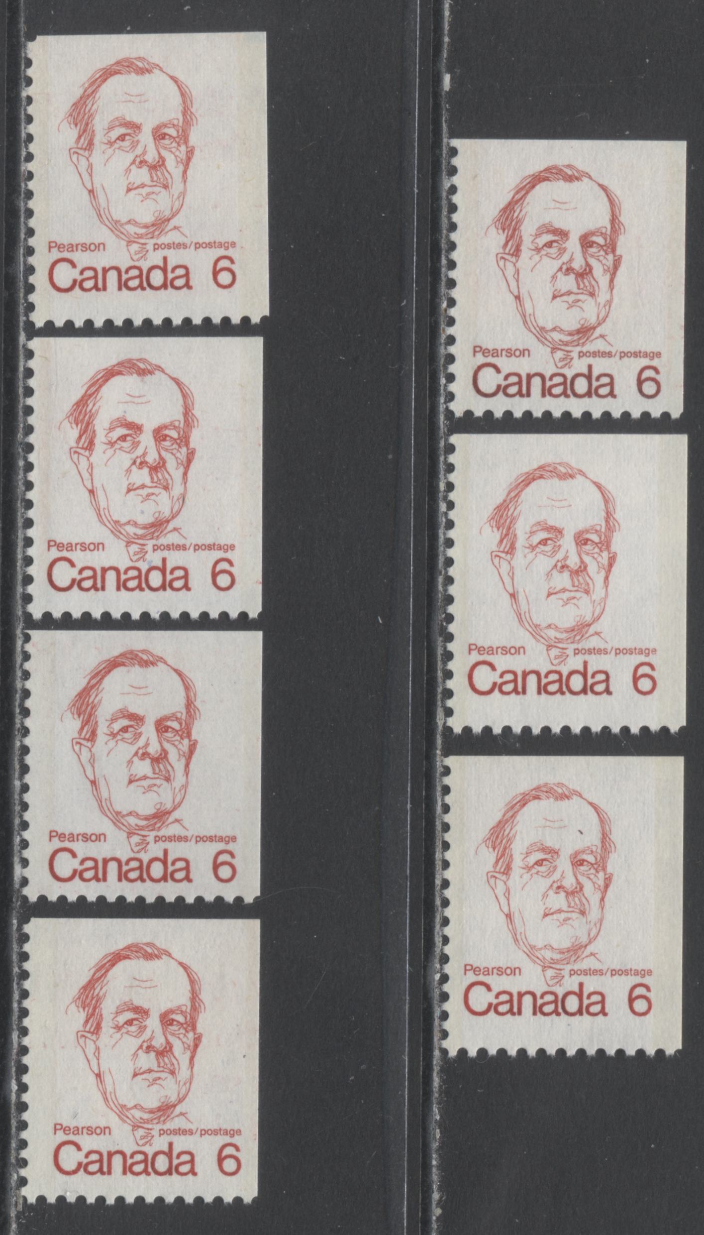 Lot 319 Canada #591vii, ix-xiii 6c Deep Red Lester B Pearson, 1972-1974 Caricature Issue, 7 VFNH Booklet Singles On NF, DF, LF, MF & HF Papers